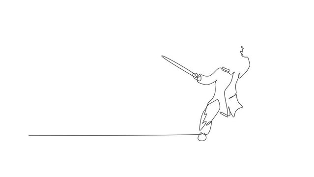 Animated self drawing of single continuous line draw young woman wushu fighter, kung fu master in uniform training with sword at dojo center. Fighting contest concept. Full length one line animation.