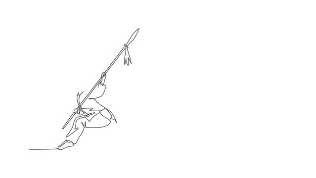 Animated self drawing of single continuous line draw young woman wushu fighter, kung fu master in uniform training with spear at dojo center. Fighting contest concept. Full length one line animation.