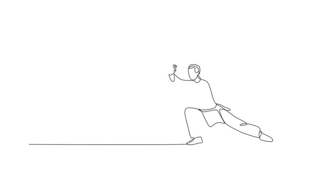 Animated self drawing of single continuous line draw young man wushu fighter, kung fu master in uniform training tai chi stance at dojo center. Fighting contest concept. Full length one line animation