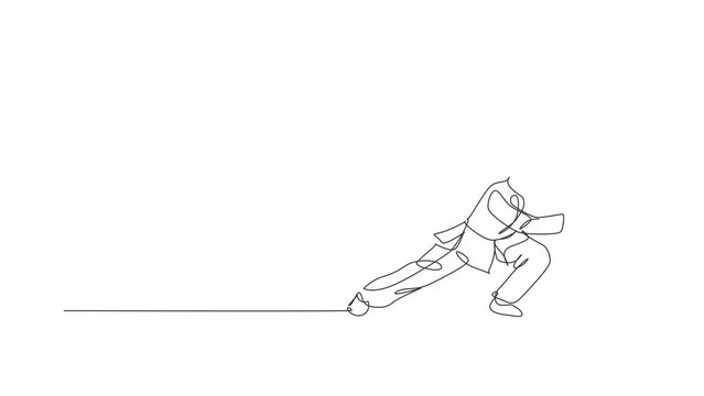 Animated self drawing of continuous line draw wushu master man, kung fu warrior in kimono with sword on training. Martial art sport contest concept. Full length single line animation illustration.