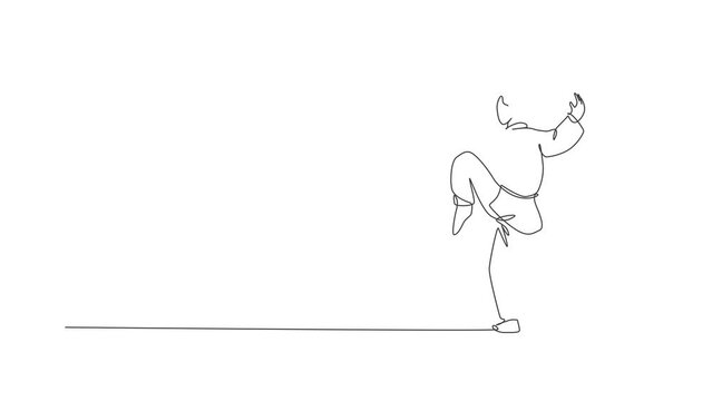 Animation of one line drawing young man on kimono exercising wushu and kung fu stance balance technique on gym center. Fighting sport concept. Continuous line self draw animated. Full length motion.