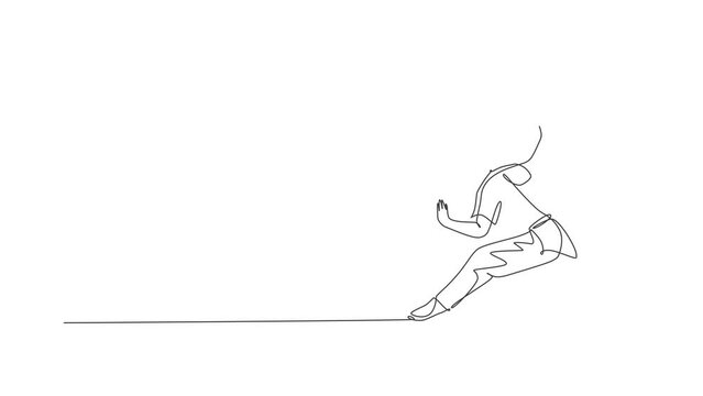 Animated self drawing of single continuous line draw young man wushu fighter, kung fu master in uniform training stance pose at dojo center. Fighting contest concept. Full length one line animation.