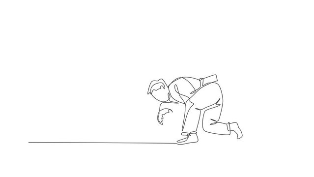 Animated self drawing of one continuous line draw two young sporty men training judo technique at sport hall. Jiu jitsu battle fight sport competition concept. Full length single line animation.