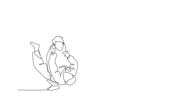 Animated self drawing of one continuous line draw two young sporty men focus training judo technique at sports hall. Jiu jitsu battle fight sport competition concept. Full length single line animation