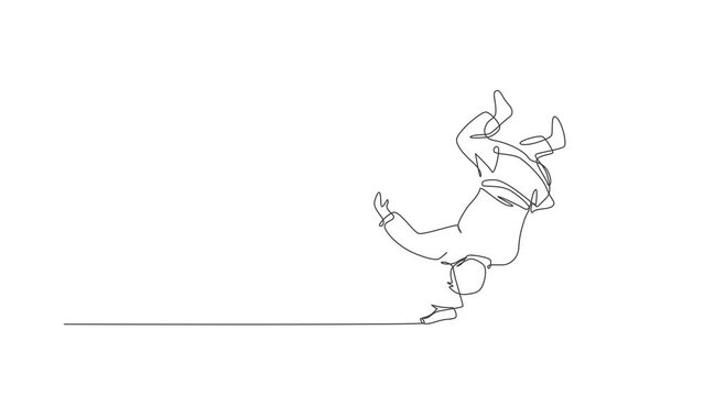 Animation of one line drawing of two young energetic judokas fighter men battle fighting at gym center. Martial art sport competition concept. Continuous line self draw animated. Full length motion.
