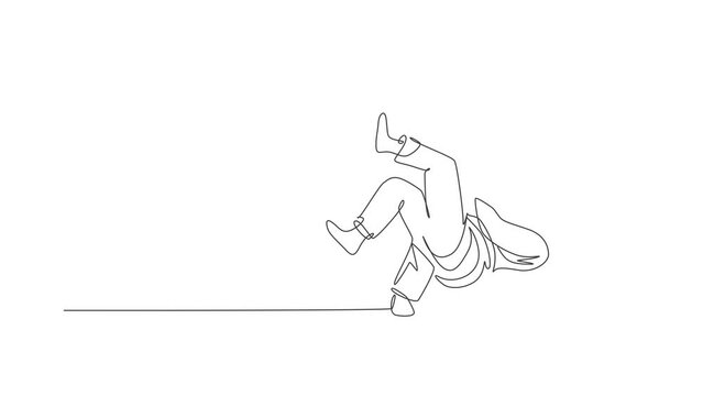 Animated self drawing of one continuous line draw two young sporty men training judo technique at sport hall. Jiu jitsu battle fight sport competition concept. Full length single line animation.