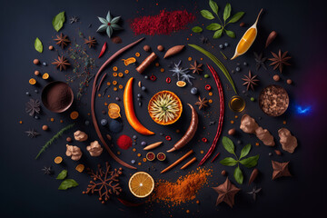 Abstract food background with floating ingredients and vibrant spices on a dark background, generative ai