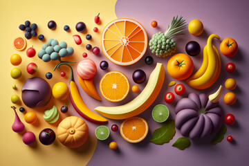 Artistic fruit and veggie composition on a bright and playful backdrop, generative ai