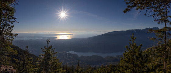 Ocean view and view of Vancouver from the top of the Grouse Mountain viewpoint, BC, Canada.