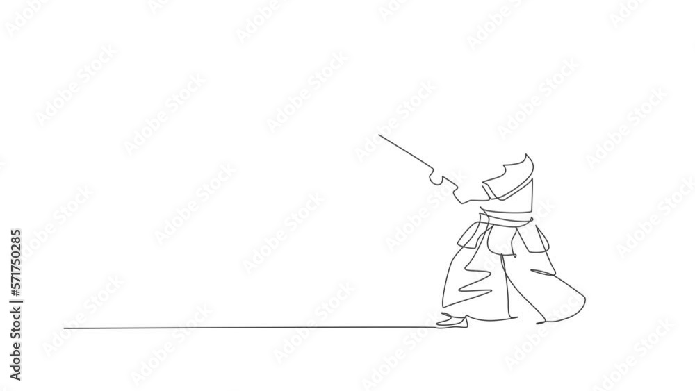 Poster Animation of one line drawing of energetic man exercise kendo stance position with wooden sword at gym center. Combative fight sport concept. Continuous line self draw animated. Full length motion.