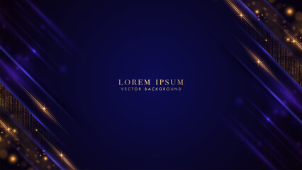 Abstract light beam with golden lines, shiny dots, glitter light effect and bokeh over dark blue background. Vector illustration