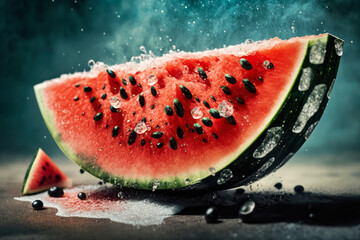 close-up of a juicy ripe sliced watermelon with a sprinkle of sea salt on top, generative ai