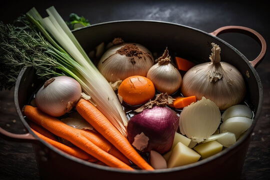 close-up image of organic carrots, onions, and garlic, ready to be cooked in an empty iron cooking pot, generative ai
