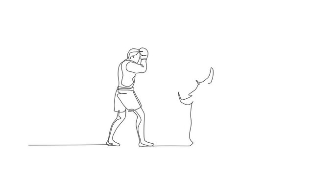 Animated self drawing of continuous line draw young sportive man kickboxer fight at boxing arena for local tournament. Combat competition kickboxing sport concept. Full length one line animation.