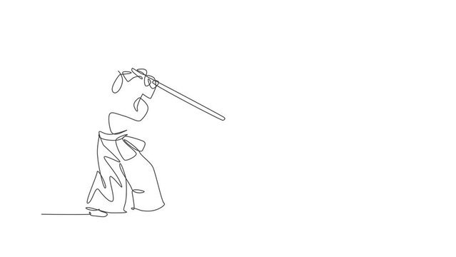 Animated self drawing of continuous line draw young sportive man practicing kendo defense martial art skill on gym sport center. Fighting sport concept. Full length one line animation illustration.