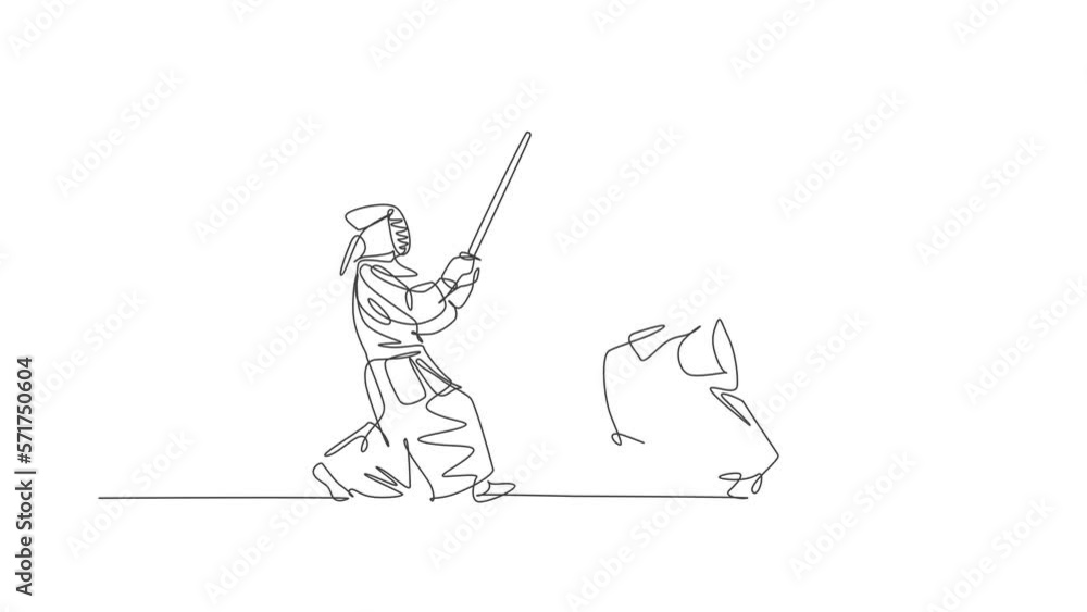 Poster animation of one line drawing of two energetic men exercise kendo combat game with wooden sword at g