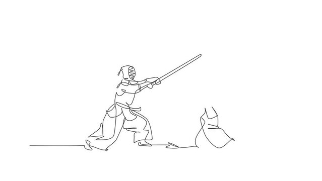 Animated self drawing of single continuous line draw young sportive men practicing kendo martial art skill on gym sport center. Sparring partner. Fighting sport concept. Full length one line animation