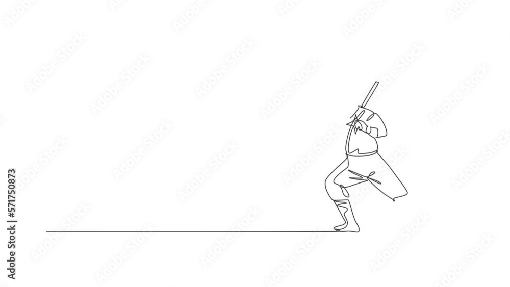 Poster animated self drawing of continuous line draw brave japanese ninja character on black costume with a