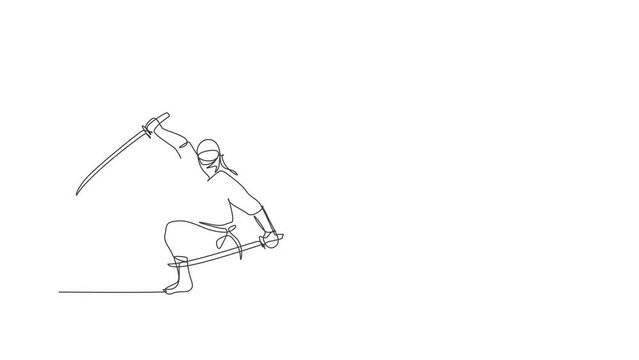 Animated self drawing of continuous line draw brave Japanese ninja character on black costume with attacking position. Martial art fighting concept. Full length single line animation illustration.