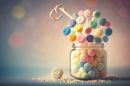 Colorful lollipops in a jar on a pastel background with bokeh lights, generative ai