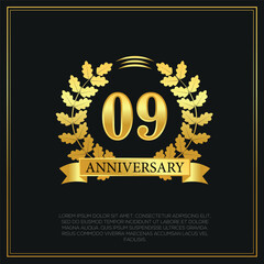 Fototapeta premium 09 year anniversary celebration logo gold color design on black background abstract illustration 