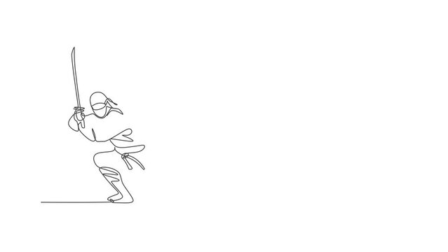 Animated self drawing of continuous line draw young Japanese culture ninja warrior on mask costume with attacking stance pose. Martial art fighting samurai concept. Full length one line animation.