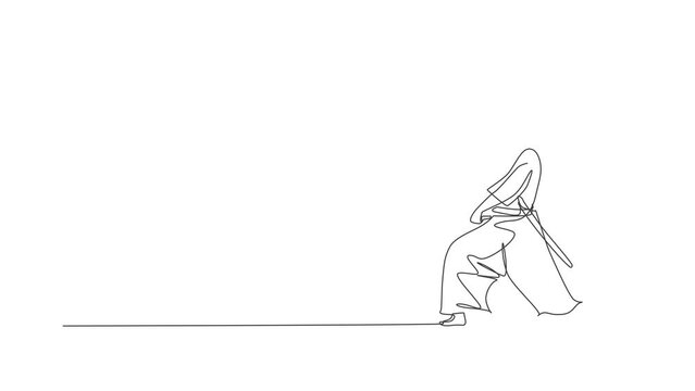 Animation Of One Line Drawing Of Young Japanese Samurai Warrior Holding Katana Sword Practicing At Dojo Center. Combative Martial Art Concept. Continuous Line Self Draw Animated. Full Length Motion.