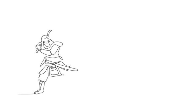 Animated self drawing of one continuous line draw young bravery samurai shogun wearing mask ready to attack at training session. Martial art combative sport concept. Full length single line animation.