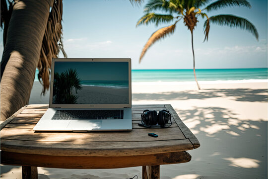 remote work outside hybrid work telecommuting teleconference work from anywhere remote office laptop computer solo alone outdoors beach ocean sand palm tree flex work flexible distributed work mobile