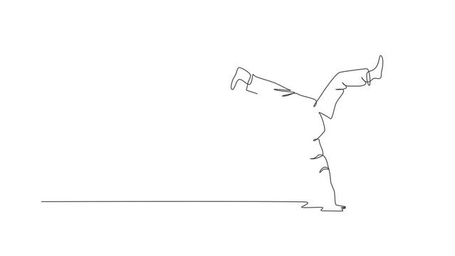 Animated self drawing of single continuous line draw young sportive man practice Brazilian capoeira move dance at outdoor street. Culture martial art and sport concept. Full length one line animation.