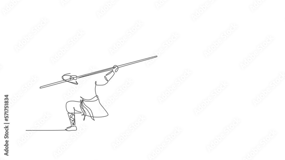 Poster animation of one line drawing of energetic shaolin monk man exercise kung fu fighting with stick at 
