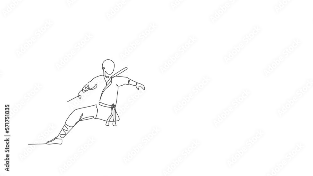 Poster animated self drawing of one continuous line draw young shaolin monk man practice kung fu with stick