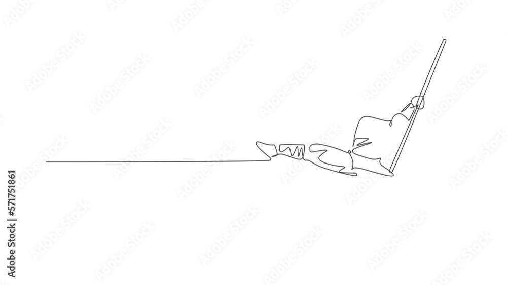 Poster animation of one line drawing of energetic shaolin monk man exercise kung fu fighting with stick at 