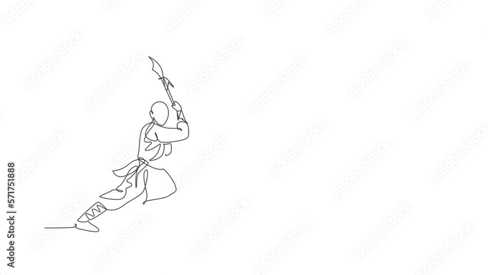 Poster animation of one line drawing of energetic shaolin monk man exercise fighting with spear at temple. 