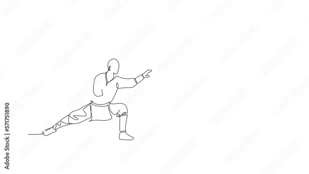 Poster animated self drawing of one continuous line draw young shaolin monk man practice kung fu style at t