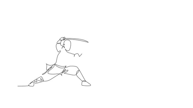 Animated self drawing of single continuous line draw young muscular shaolin monk man holding sword train at shaolin temple. Traditional Chinese kung fu fight concept. Full length one line animation.