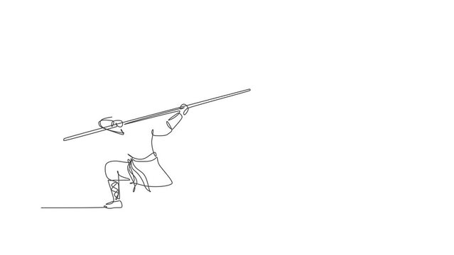 Animation of one line drawing of energetic shaolin monk man exercise kung fu fighting with stick at temple. Ancient martial art sport concept. Continuous line self draw animated. Full length motion.