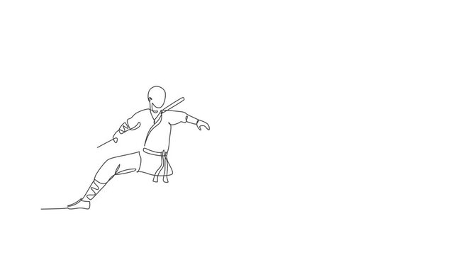 Animated self drawing of one continuous line draw young shaolin monk man practice kung fu with stick at temple ground. Traditional Chinese combative sport concept. Full length single line animation.