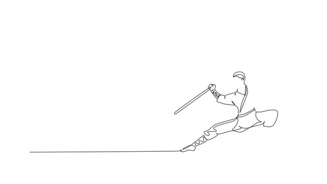 Animated self drawing of continuous line draw young shaolin monk man practice kung fu using long staff at temple ground. Traditional Chinese combative sport concept. Full length single line animation.
