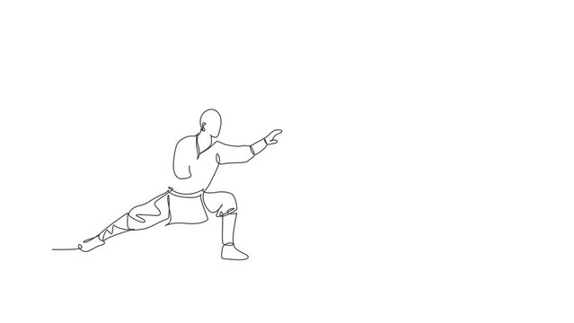 Animated self drawing of one continuous line draw young shaolin monk man practice kung fu style at temple ground . Traditional Chinese combative sport concept. Full length single line animation.