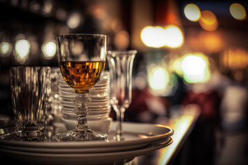 stack of empty glasses on a tray in a busy restaurant, with a blurred background of the bar and people drinking, generative ai