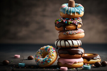 Stack of mini donuts with various toppings, generative ai - obrazy, fototapety, plakaty