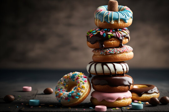 Stack of mini donuts with various toppings, generative ai