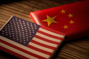 Flag of China and Flag of United States USA, Symbol of China and Americans. Concept: conflicts, politics, national security, relations, diplomacy, negotiations, interests and investigations.