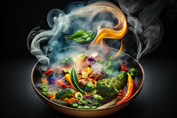 Vegetables of all kinds are flying out of the pan in a swirl of smoke, representing the sizzling, mouth-watering aroma of stir-fry, generative ai