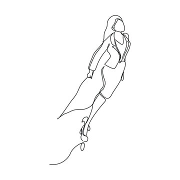 recommend clip art: Continuous single one line drawing of flying business super hero woman. Vector illustration concept of power employee, success achievement, business hero leader.