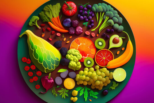 Vibrant Fruit And Vegetable Platter With Leafy Accents On Colorful Background, Generative Ai