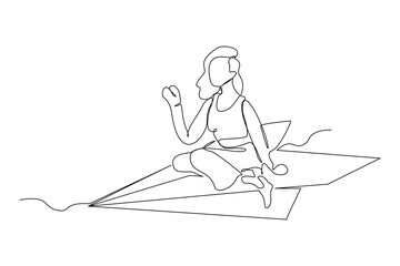 Continuous single one line drawing of business woman ride paper plane to reach business achievement growth goal successful. Vector illustration sketch art concept