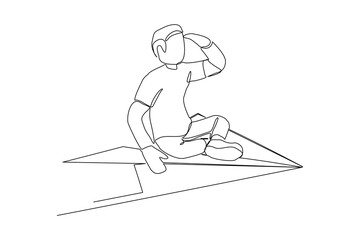 Continuous single one line drawing of businessman ride paper plane to reach business achievement growth goal successful. Vector illustration sketch art concept