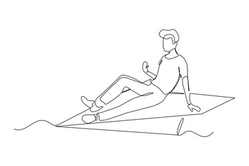 Fototapeta na wymiar Continuous single one line drawing of businessman ride paper plane to reach business achievement growth goal successful. Vector illustration sketch art concept